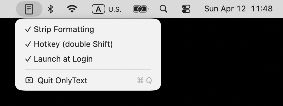 OnlyText menu bar screenshot